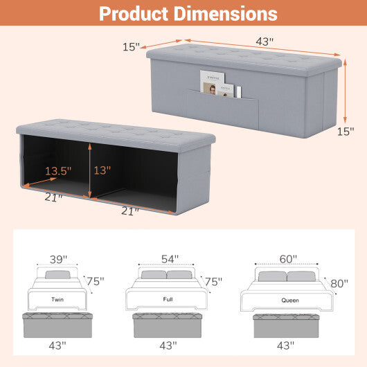 Costway 43 Inches Folding Storage Ottoman Bench Foot Rest Stool End of Bed Bench Gray LuxuryLifeWay Online Store