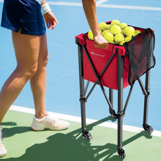 Costway Lightweight Foldable Tennis Ball Teaching Cart with Wheels and Removable Bag-Red