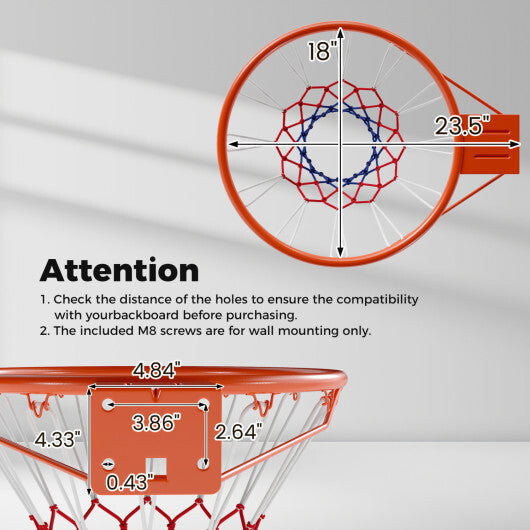 Costway 18" Basketball Rim Heavy Duty Wall Mounted Basketball Rim Goal Replacement-Orange LuxuryLifeWay Online Store