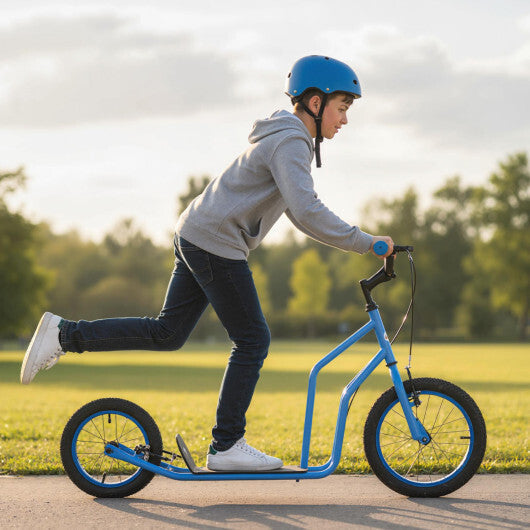 Costway Youth Scooter with Adjustable Handlebar and 16/14-Inch Inflatable Wheels for Age 8+ Years Old-Blue LuxuryLifeWay Online Store