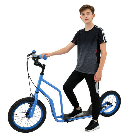 Costway Youth Scooter with Adjustable Handlebar and 16/14-Inch Inflatable Wheels for Age 8+ Years Old-Blue LuxuryLifeWay Online Store