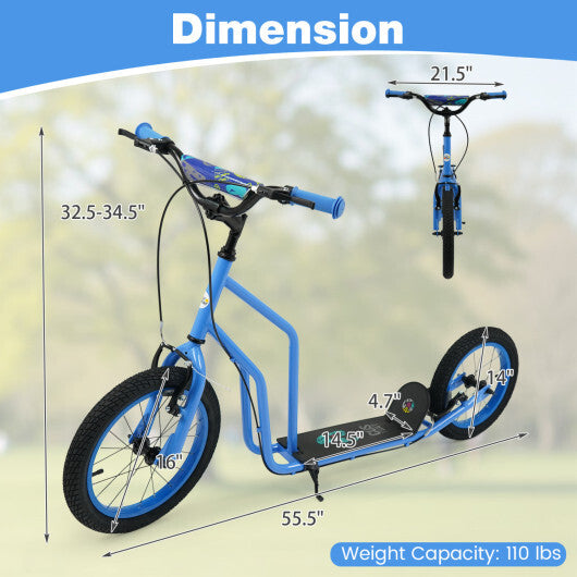 Costway Youth Scooter with Adjustable Handlebar and 16/14-Inch Inflatable Wheels for Age 8+ Years Old-Blue LuxuryLifeWay Online Store