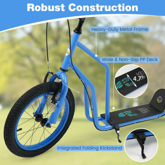 Costway Youth Scooter with Adjustable Handlebar and 16/14-Inch Inflatable Wheels for Age 8+ Years Old-Blue LuxuryLifeWay Online Store