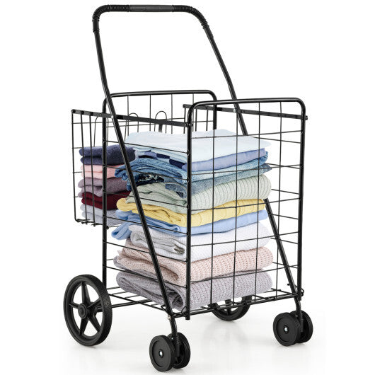 Costway Folding Shopping Cart Jumbo Basket Grocery Laundry with Swivel Wheels Black LuxuryLifeWay Online Store