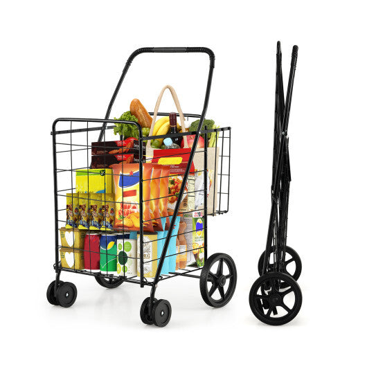 Costway Folding Shopping Cart Jumbo Basket Grocery Laundry with Swivel Wheels Black LuxuryLifeWay Online Store