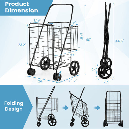 Costway Folding Shopping Cart Jumbo Basket Grocery Laundry with Swivel Wheels Black LuxuryLifeWay Online Store