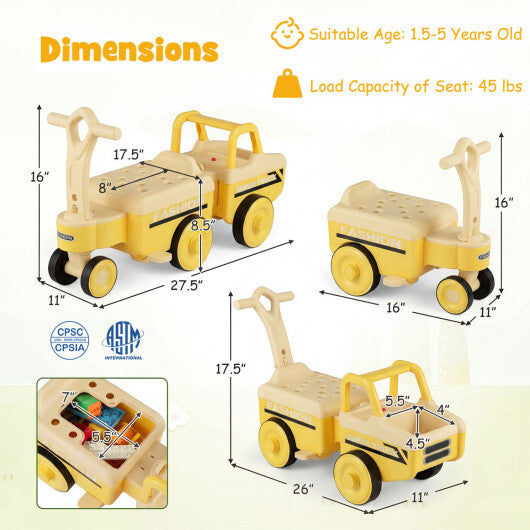 Costway 4 in 1 Ride on Push Car with Music and Under-Seat Storage for Boys Girls-Yellow LuxuryLifeWay Online Store
