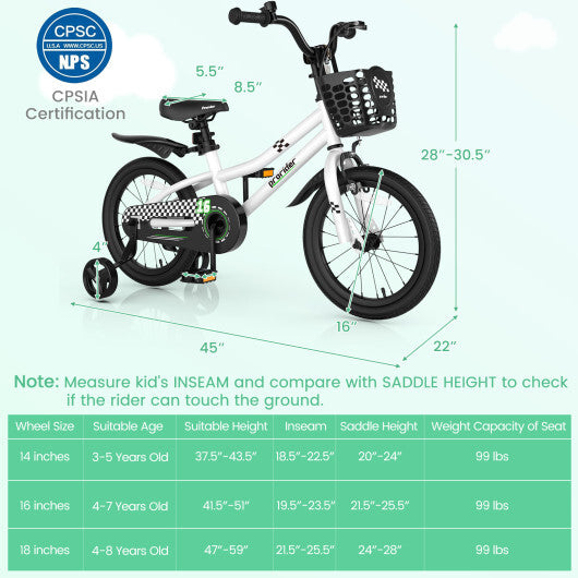 Costway 16'' Kid's Bike with Removable Training Wheels & Basket for 4-7 Years Old White LuxuryLifeWay Online Store