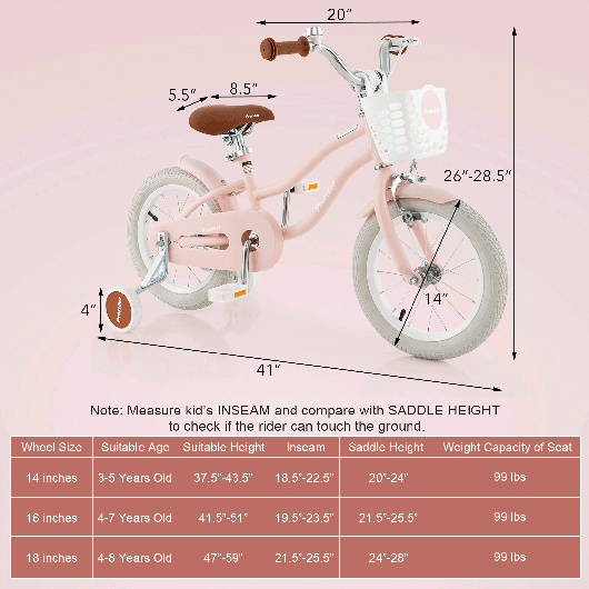 Costway 14'' Kid's Bike with Removable Training Wheels & Basket for 3-5 Years Old Pink LuxuryLifeWay Online Store