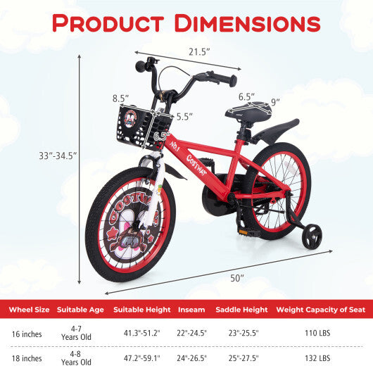 Costway 18 Inch Kids Bike Adjustable with Storage Basket and Double Brake for 4-8 Years Old Red LuxuryLifeWay Online Store
