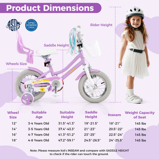 Costway 12 Inch Girls Bike Kids Bicycle with Doll Seat and Streamers for Children 3-4 Years Old Purple LuxuryLifeWay Online Store