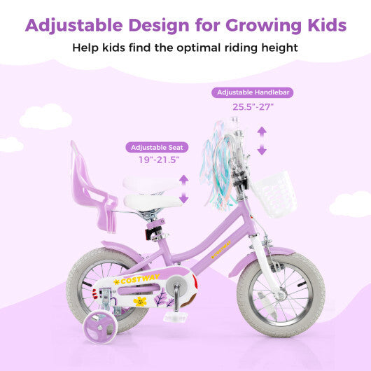 Costway 12 Inch Girls Bike Kids Bicycle with Doll Seat and Streamers for Children 3-4 Years Old Purple LuxuryLifeWay Online Store