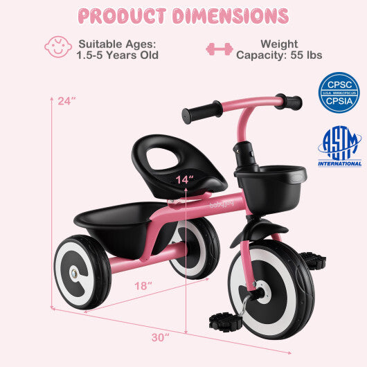 Costway Toddler Tricycle with Adjustable Seat and Storage Baskets for 1.5-5 Years Old-Pink LuxuryLifeWay Online Store