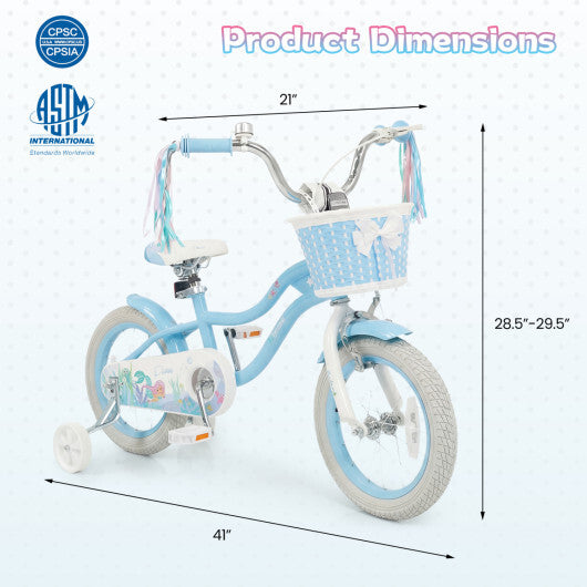 Costway 14 Inch Kids Bike Adjustable with Basket and Streamers Blue for Kids Aged 3-5 Years Old - Princess of the Sea Theme LuxuryLifeWay Online Store