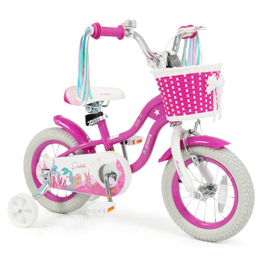 Costway 12-Inch Kids Bike Adjustable with Basket and Streamers Rose Red - Princess of the Sea Theme LuxuryLifeWay Online Store