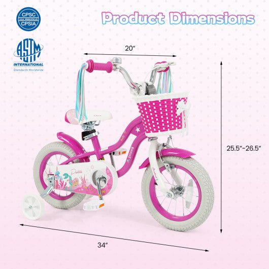 Costway 12-Inch Kids Bike Adjustable with Basket and Streamers Rose Red - Princess of the Sea Theme LuxuryLifeWay Online Store