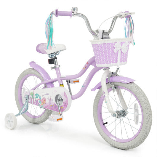 Costway 16 Inch Kids Bike Adjustable with Basket and Streamers Purple - Princess of the Sea Theme LuxuryLifeWay Online Store