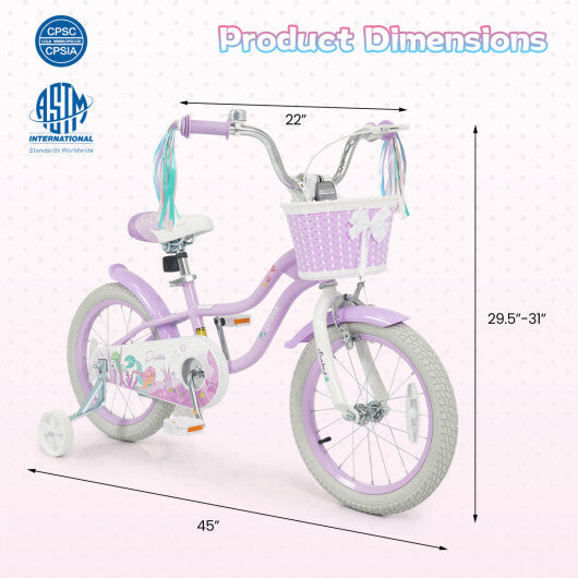 Costway 16 Inch Kids Bike Adjustable with Basket and Streamers Purple - Princess of the Sea Theme LuxuryLifeWay Online Store