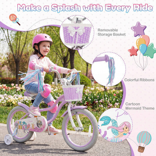 Costway 16 Inch Kids Bike Adjustable with Basket and Streamers Purple - Princess of the Sea Theme LuxuryLifeWay Online Store
