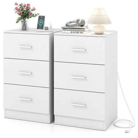 Costway Set of 2 Nightstand with Charging Station End Table with 3 Storage Drawers Bedside Table for Bedroom-White LuxuryLifeWay Online Store