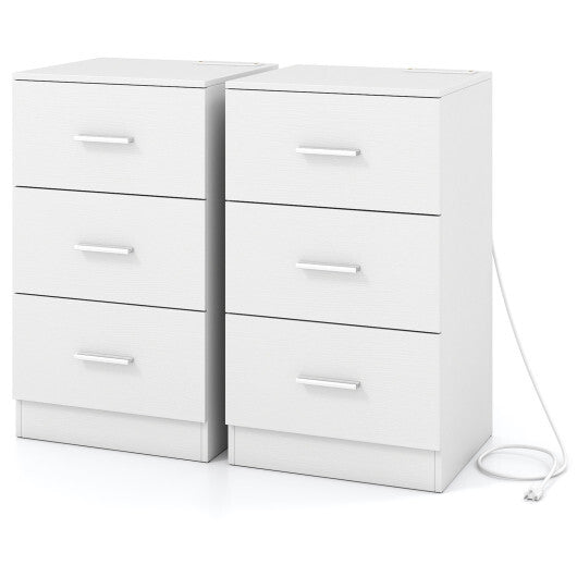 Costway Set of 2 Nightstand with Charging Station End Table with 3 Storage Drawers Bedside Table for Bedroom-White LuxuryLifeWay Online Store