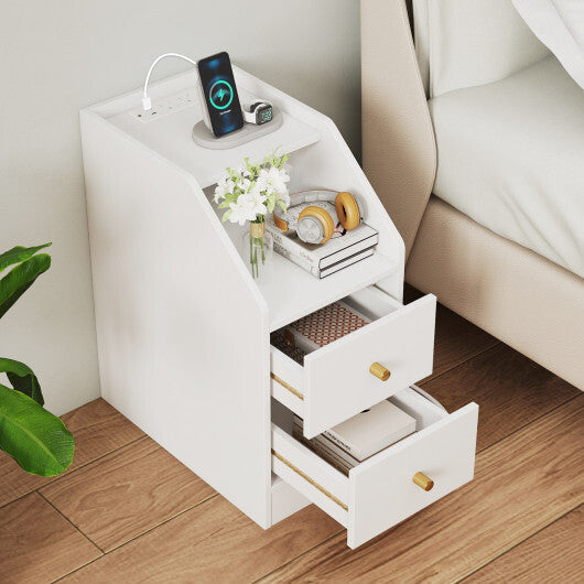 Costway Side End Table with Charging Station Sofa Couch Table with Shelf Drawers-White LuxuryLifeWay Online Store
