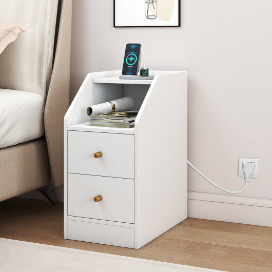 Costway Side End Table with Charging Station Sofa Couch Table with Shelf Drawers-White LuxuryLifeWay Online Store