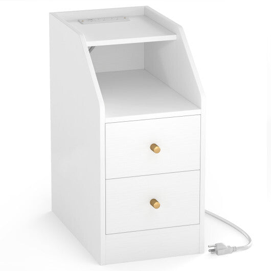 Costway Side End Table with Charging Station Sofa Couch Table with Shelf Drawers-White LuxuryLifeWay Online Store