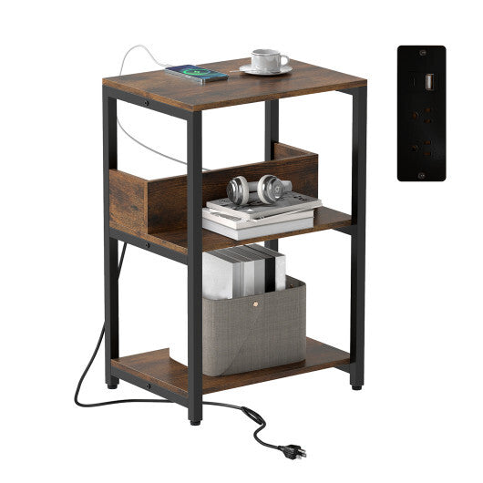 Costway Side End Table with Charging Station and Open Shelves-Rustic Brown LuxuryLifeWay Online Store