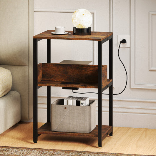 Costway Side End Table with Charging Station and Open Shelves-Rustic Brown LuxuryLifeWay Online Store