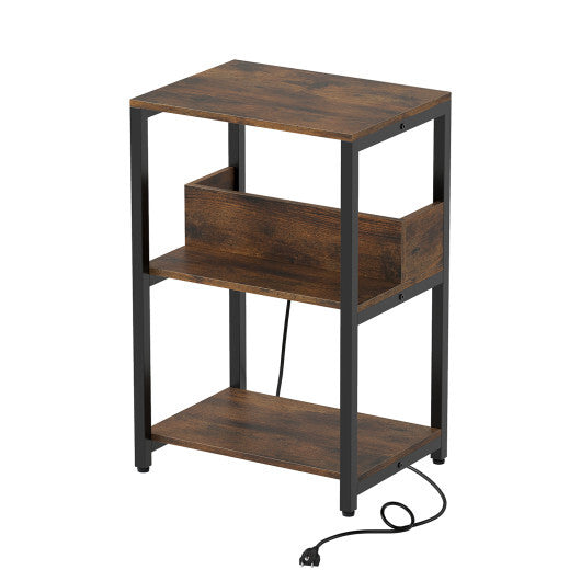 Costway Side End Table with Charging Station and Open Shelves-Rustic Brown LuxuryLifeWay Online Store