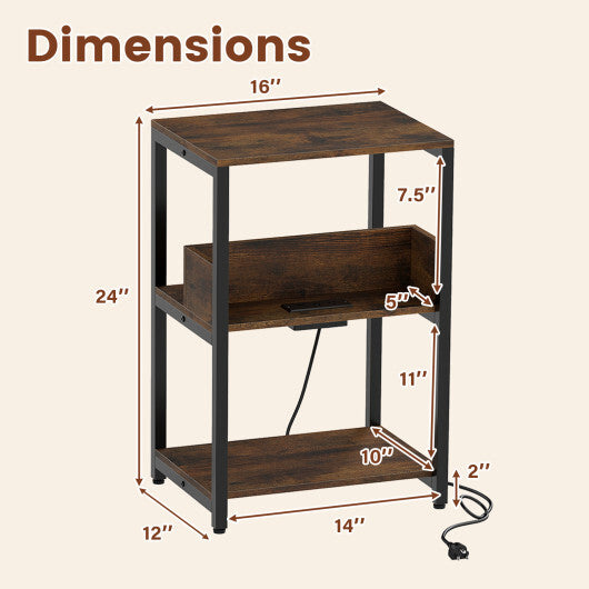 Costway Side End Table with Charging Station and Open Shelves-Rustic Brown LuxuryLifeWay Online Store