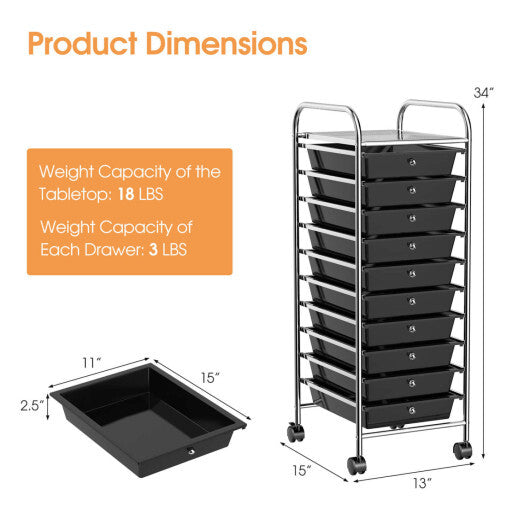 Costway 10 Drawer Rolling Storage Cart Organizer with 4 Universal Casters-Black LuxuryLifeWay Online Store