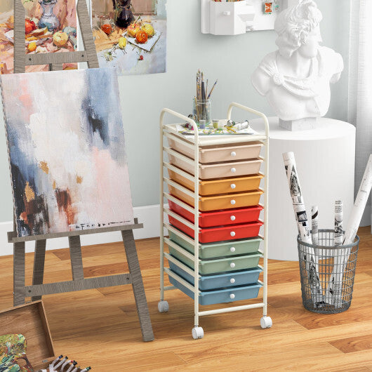 Costway 10 Drawer Rolling Storage Cart Organizer with 4 Universal Casters-Macaron Multicolor