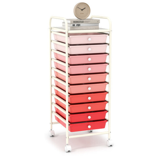 Costway 10 Drawer Rolling Storage Cart Organizer with 4 Universal Casters-Gradient Pink LuxuryLifeWay Online Store