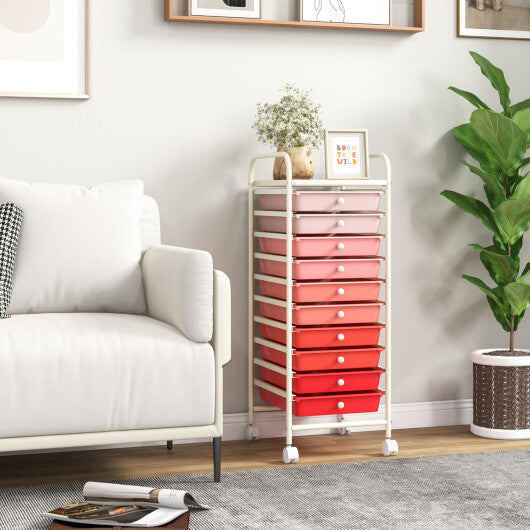 Costway 10 Drawer Rolling Storage Cart Organizer with 4 Universal Casters-Gradient Pink LuxuryLifeWay Online Store