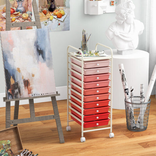 Costway 10 Drawer Rolling Storage Cart Organizer with 4 Universal Casters-Gradient Pink LuxuryLifeWay Online Store
