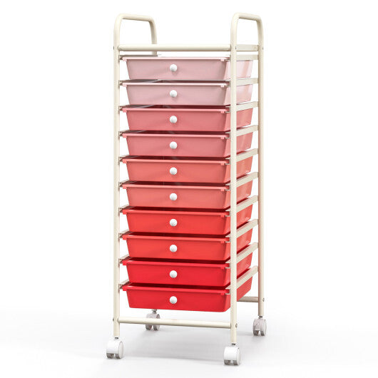 Costway 10 Drawer Rolling Storage Cart Organizer with 4 Universal Casters-Gradient Pink LuxuryLifeWay Online Store