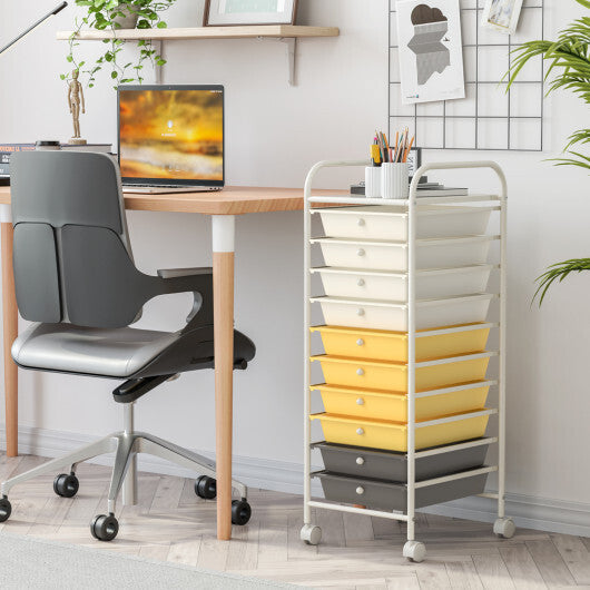Costway 10 Drawer Rolling Storage Cart Organizer with 4 Universal Casters-Yellow LuxuryLifeWay Online Store