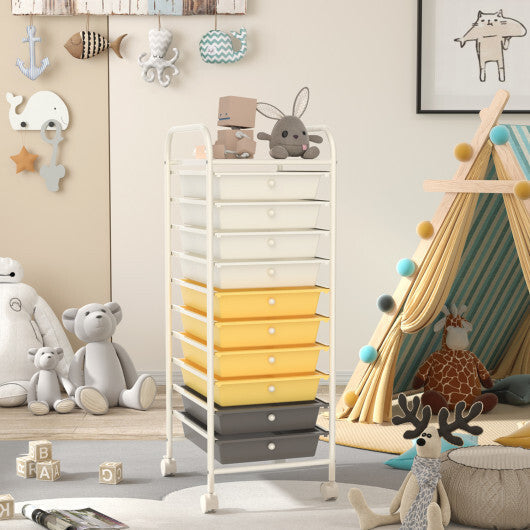 Costway 10 Drawer Rolling Storage Cart Organizer with 4 Universal Casters-Yellow LuxuryLifeWay Online Store