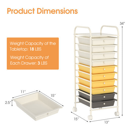 Costway 10 Drawer Rolling Storage Cart Organizer with 4 Universal Casters-Yellow LuxuryLifeWay Online Store