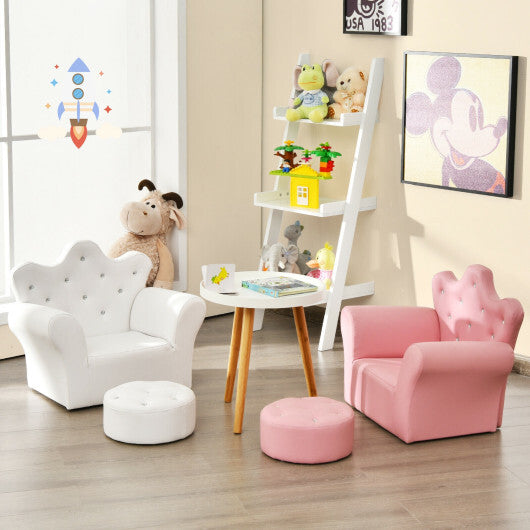 Costway Children Upholstered Princess Sofa with Ottoman and Diamond Decoration for Boys and Girls-White LuxuryLifeWay Online Store