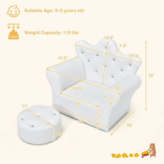 Costway Children Upholstered Princess Sofa with Ottoman and Diamond Decoration for Boys and Girls-White LuxuryLifeWay Online Store