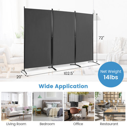 Costway 6 Feet 3 Panel Room Divider with Durable Hinges Steel Base-Gray LuxuryLifeWay Online Store