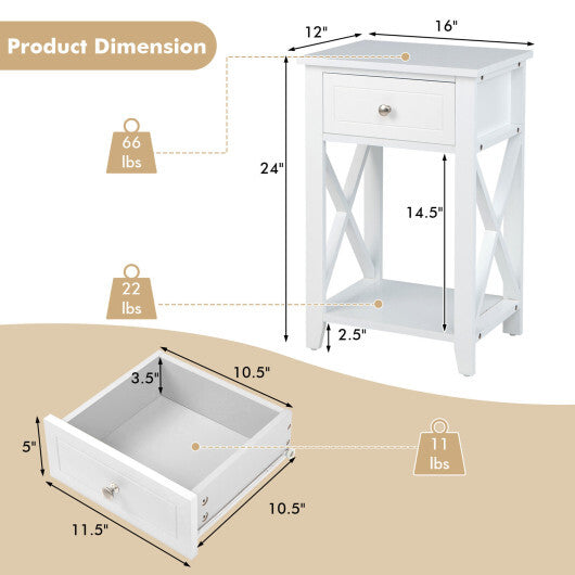 Costway Storage End Bedside Drawer Nightstand w/ Bottom Shelf-White LuxuryLifeWay Online Store