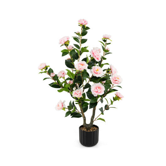 Costway 38 Inch Artificial Camellia Tree Faux Flower Plant in Cement Pot-Pink LuxuryLifeWay Online Store
