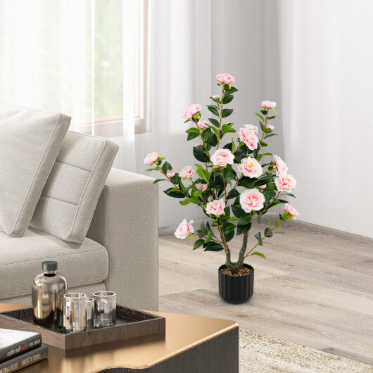 Costway 38 Inch Artificial Camellia Tree Faux Flower Plant in Cement Pot-Pink LuxuryLifeWay Online Store