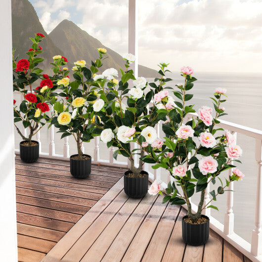 Costway 38 Inch Artificial Camellia Tree Faux Flower Plant in Cement Pot-Pink LuxuryLifeWay Online Store