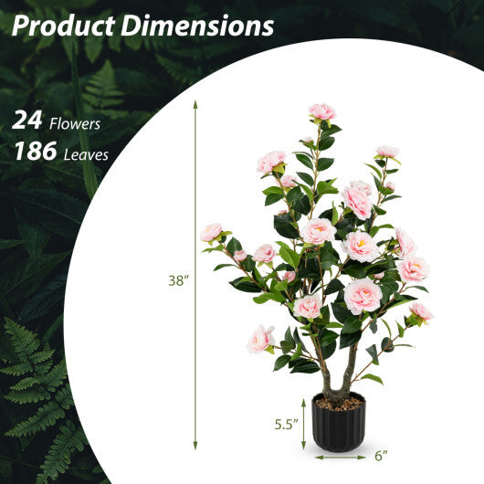 Costway 38 Inch Artificial Camellia Tree Faux Flower Plant in Cement Pot-Pink LuxuryLifeWay Online Store