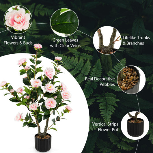 Costway 38 Inch Artificial Camellia Tree Faux Flower Plant in Cement Pot-Pink LuxuryLifeWay Online Store